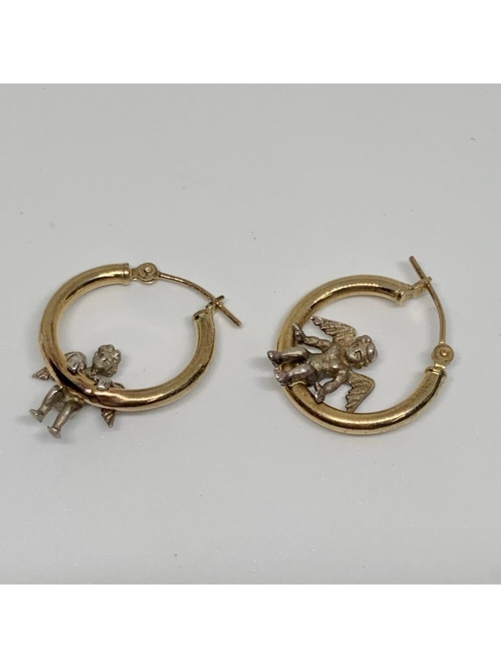 Vintage 14k gold Angel Hoop Earrings 925 sterling silver angels PBDesign - Picture 1 of 7